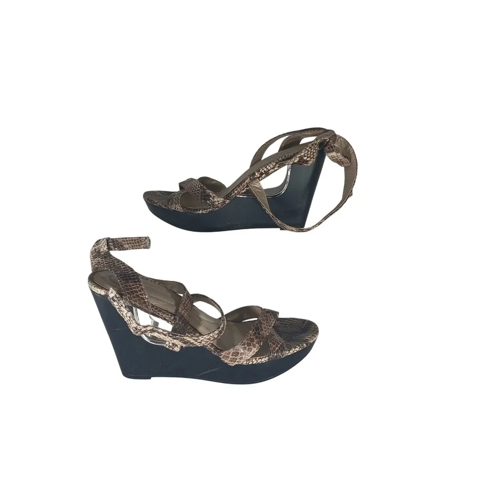 Andrew Geller Nadya Wedge Sandal 7.5 Brown Snakeskin Strappy Platform Heel